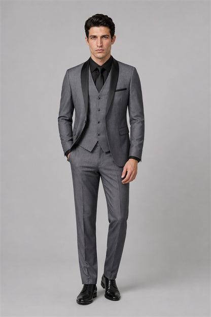 Savile Grey 3-Piece Tuxedo Set – Full front walking view with white shirt and black tie showing complete 3-piece silhouette, shawl lapel and tapered trouser fit