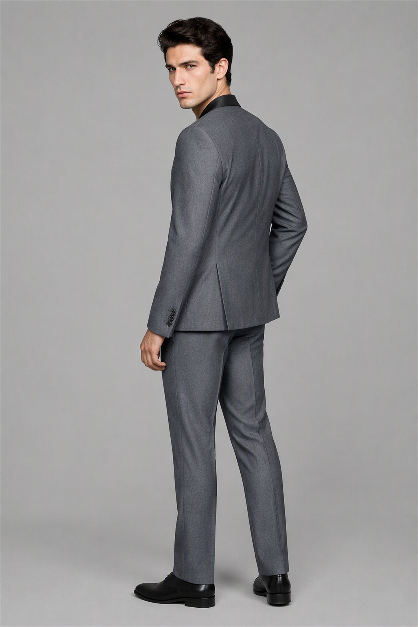 Savile Grey 3-Piece Tuxedo Set – Full front standing view with black shirt showing modern all-dark styling, slim-fit silhouette and black satin shawl lapel