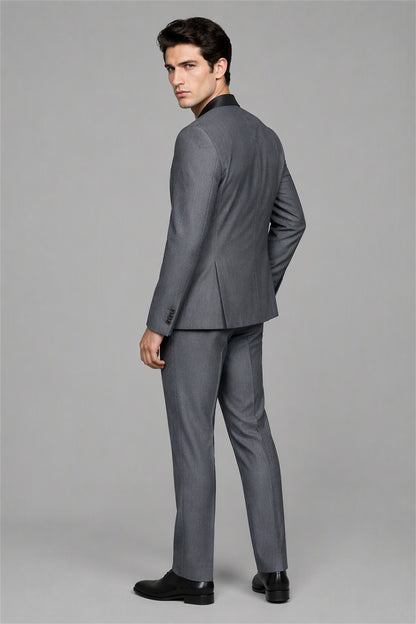 Savile Grey 3-Piece Tuxedo Set – Full front standing view with black shirt showing modern all-dark styling, slim-fit silhouette and black satin shawl lapel