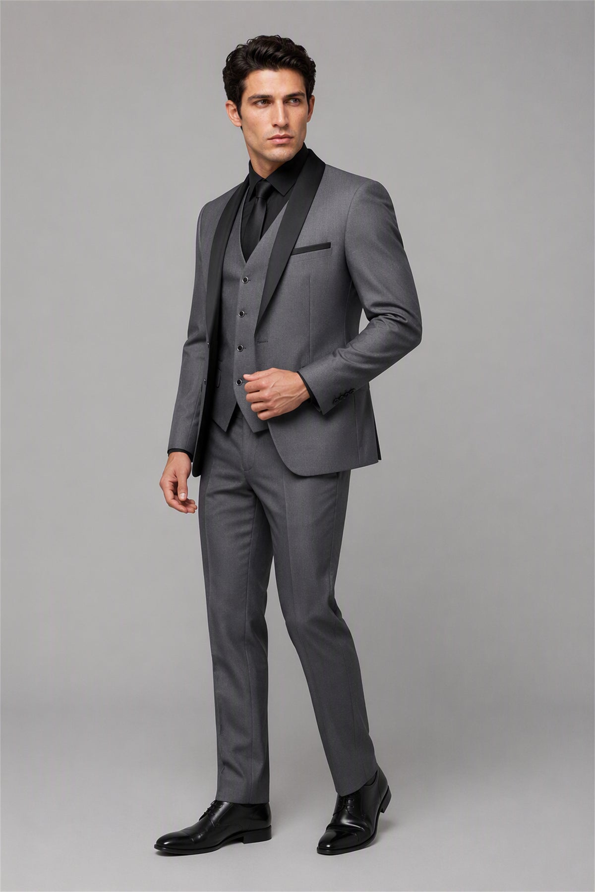 Savile Grey 3-Piece Tuxedo Set – Full rear three-quarter view showing charcoal grey jacket back construction, black satin shawl lapel edge and tapered trouser fit
