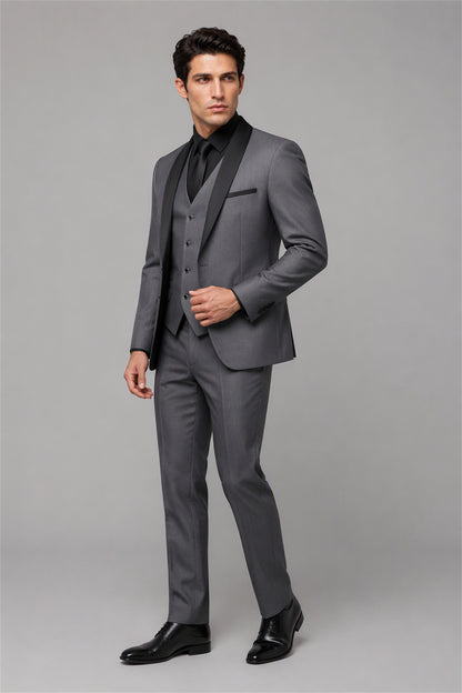 Savile Grey 3-Piece Tuxedo Set – Full rear three-quarter view showing charcoal grey jacket back construction, black satin shawl lapel edge and tapered trouser fit