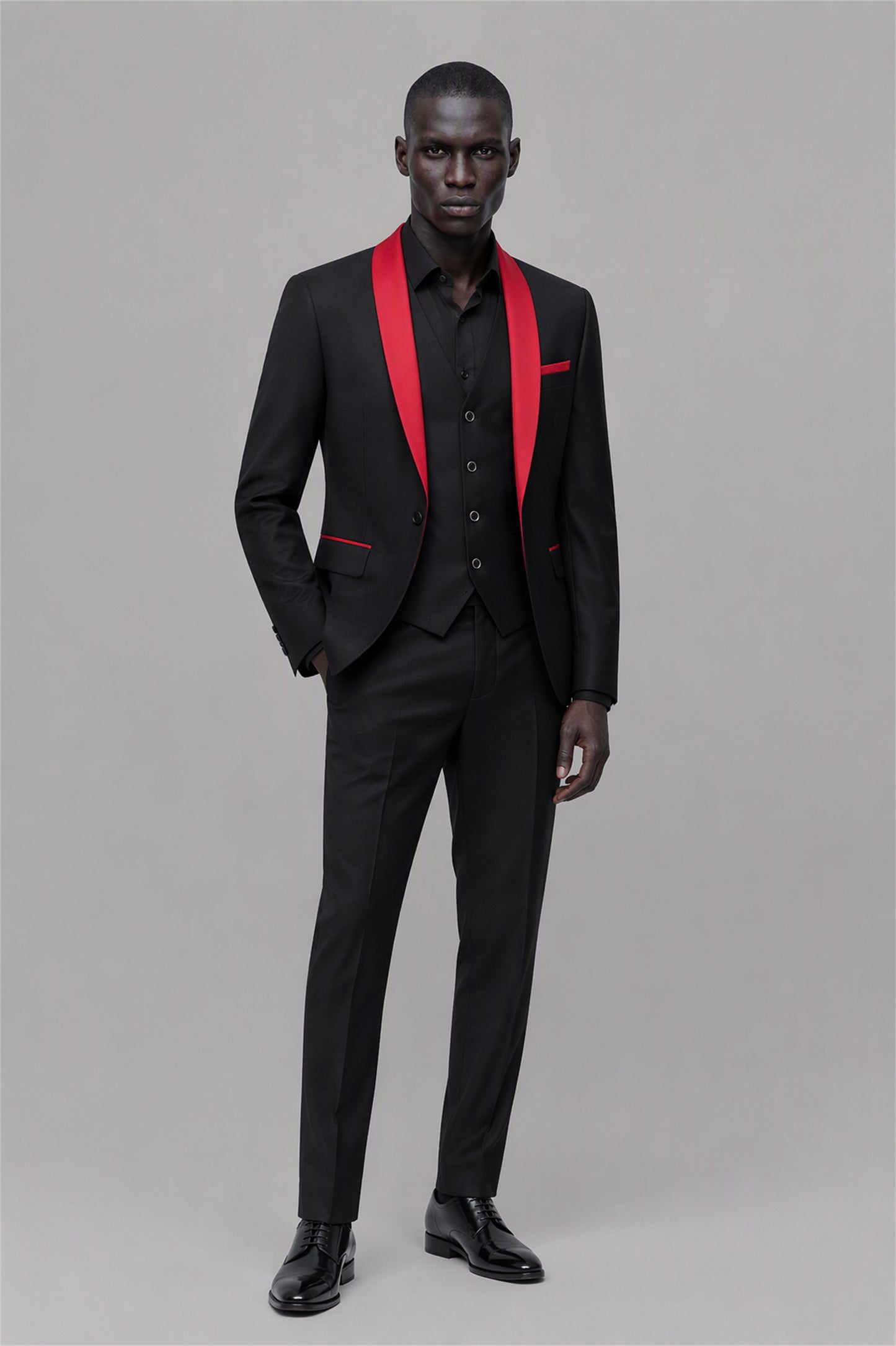Savile Black & Red 3-Piece Tuxedo Set – Full front walking view showing complete look with black jacket, red satin shawl lapel, black vest and black trousers