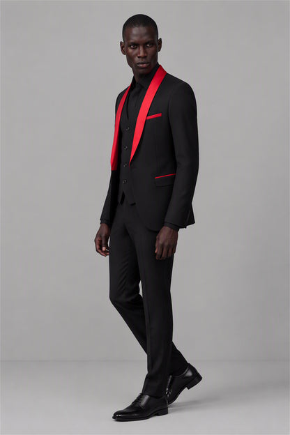 Savile Black & Red 3-Piece Tuxedo Set – Full front standing view with black shirt showing slim-fit silhouette, red shawl lapel contrast and vest layering