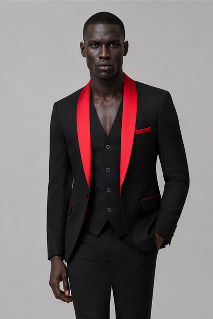 Savile Black & Red 3-Piece Tuxedo Set – Three-quarter front view, hand on lapel showing red satin shawl lapel detail, red pocket square and slim-fit vest construction