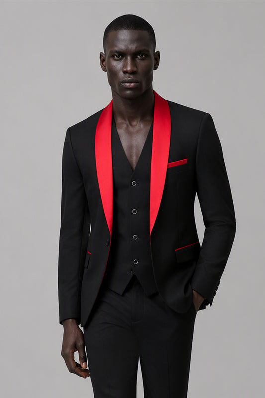 Savile Black & Red 3-Piece Tuxedo Set – Three-quarter front view, hand on lapel showing red satin shawl lapel detail, red pocket square and slim-fit vest construction