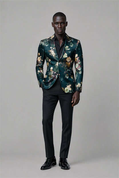 Savile Emerald Green Floral Jacquard Blazer – Full front standing view with black open-collar shirt showing slim-fit silhouette and all-over botanical floral jacquard pattern