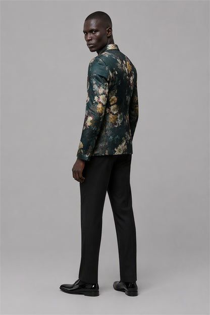 Savile Emerald Green Floral Jacquard Blazer – Full side profile view with white tee showing slim silhouette, hand on lapel, emerald floral texture and notch lapel profile