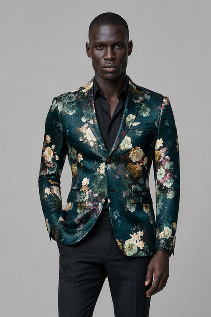 Savile Emerald Green Floral Jacquard Blazer – Half-body front close-up with black shirt showing deep emerald floral jacquard texture, black notch lapel and single-button closure detail