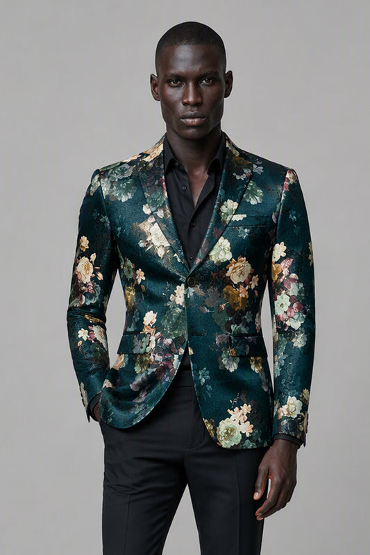 Savile Emerald Green Floral Jacquard Blazer – Half-body front close-up with black shirt showing deep emerald floral jacquard texture, black notch lapel and single-button closure detail