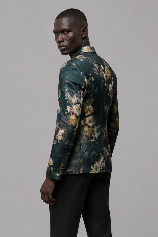 Savile Emerald Green Floral Jacquard Blazer – Full rear side view with white shirt showing emerald green floral jacquard back, sleeve button detail and tapered black trouser fit