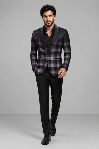 Savile Charcoal Purple Plaid Blazer – Full front walking view with black shirt showing charcoal purple tartan check pattern, black satin notch lapel and black pocket square