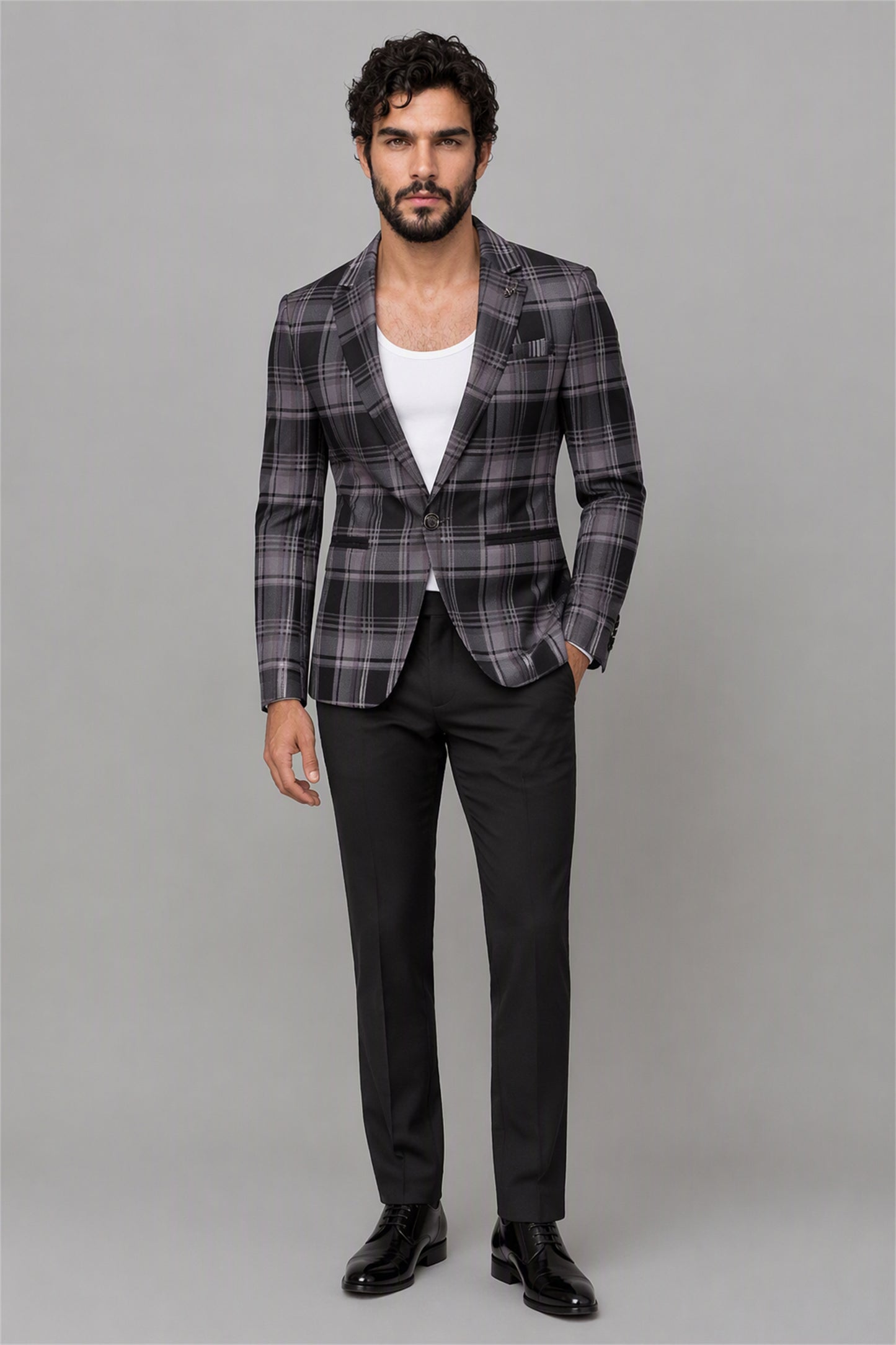 Savile Charcoal Purple Plaid Blazer – Full front standing view with white tee showing smart-casual styling, plaid check pattern and tapered black trouser fit