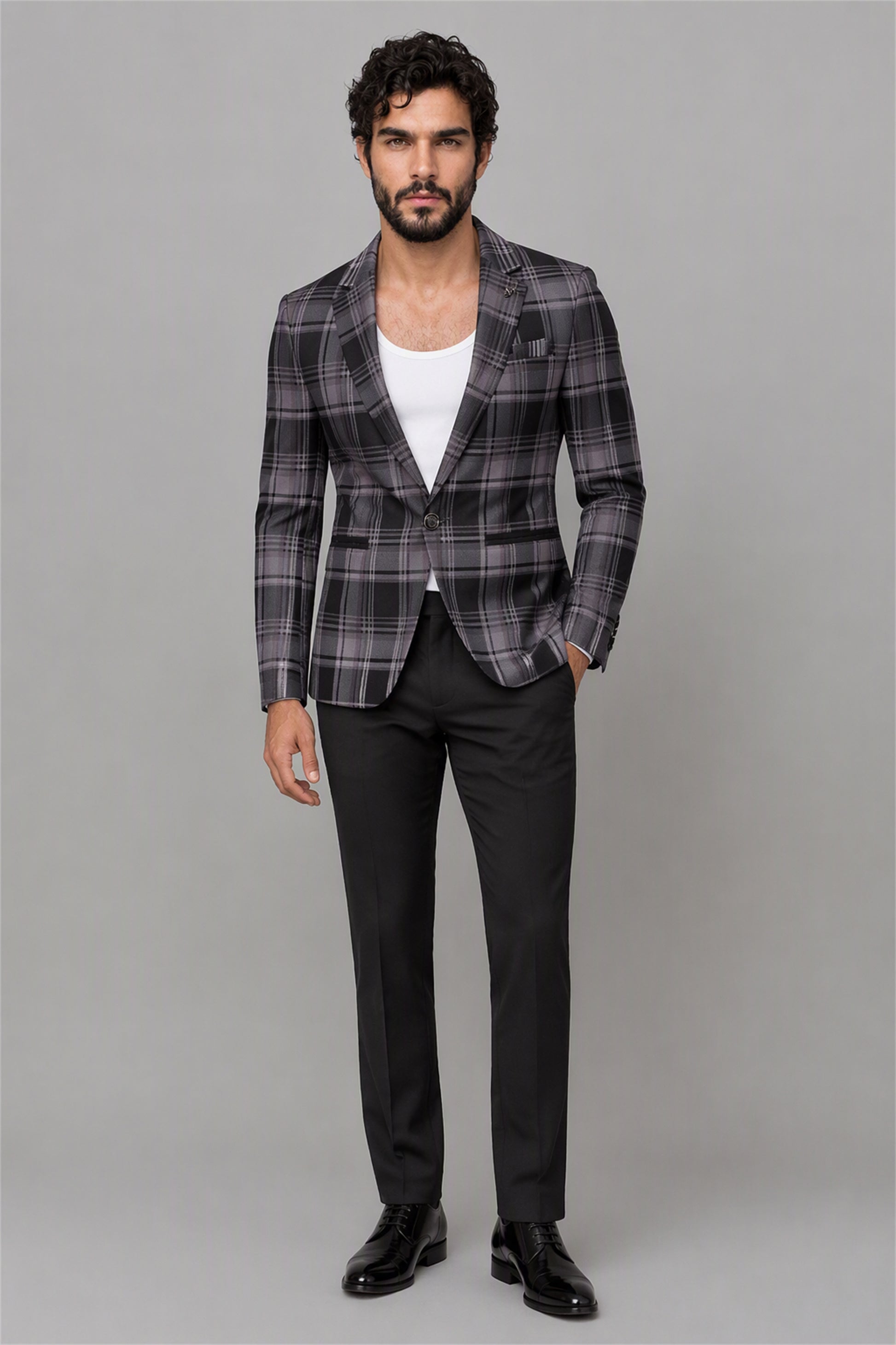 Savile Charcoal Purple Plaid Blazer – Full front standing view with white tee showing smart-casual styling, plaid check pattern and tapered black trouser fit