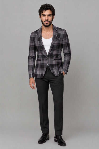 Savile Charcoal Purple Plaid Blazer – Full front standing view with white tee showing smart-casual styling, plaid check pattern and tapered black trouser fit