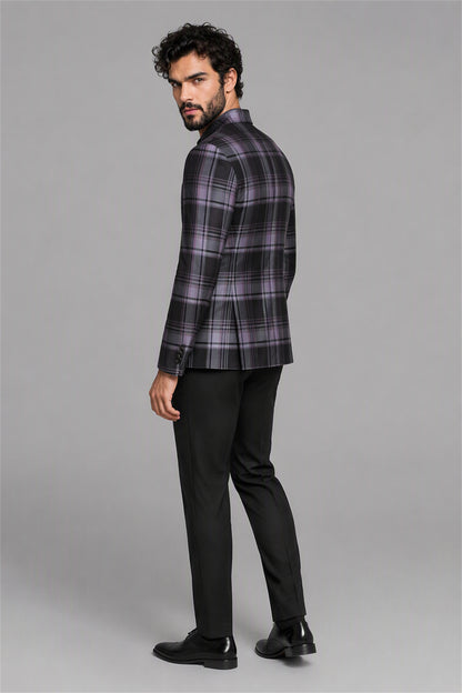 Savile Charcoal Purple Plaid Blazer – Rear three-quarter view with black shirt showing plaid jacket back, structured shoulders and slim silhouette