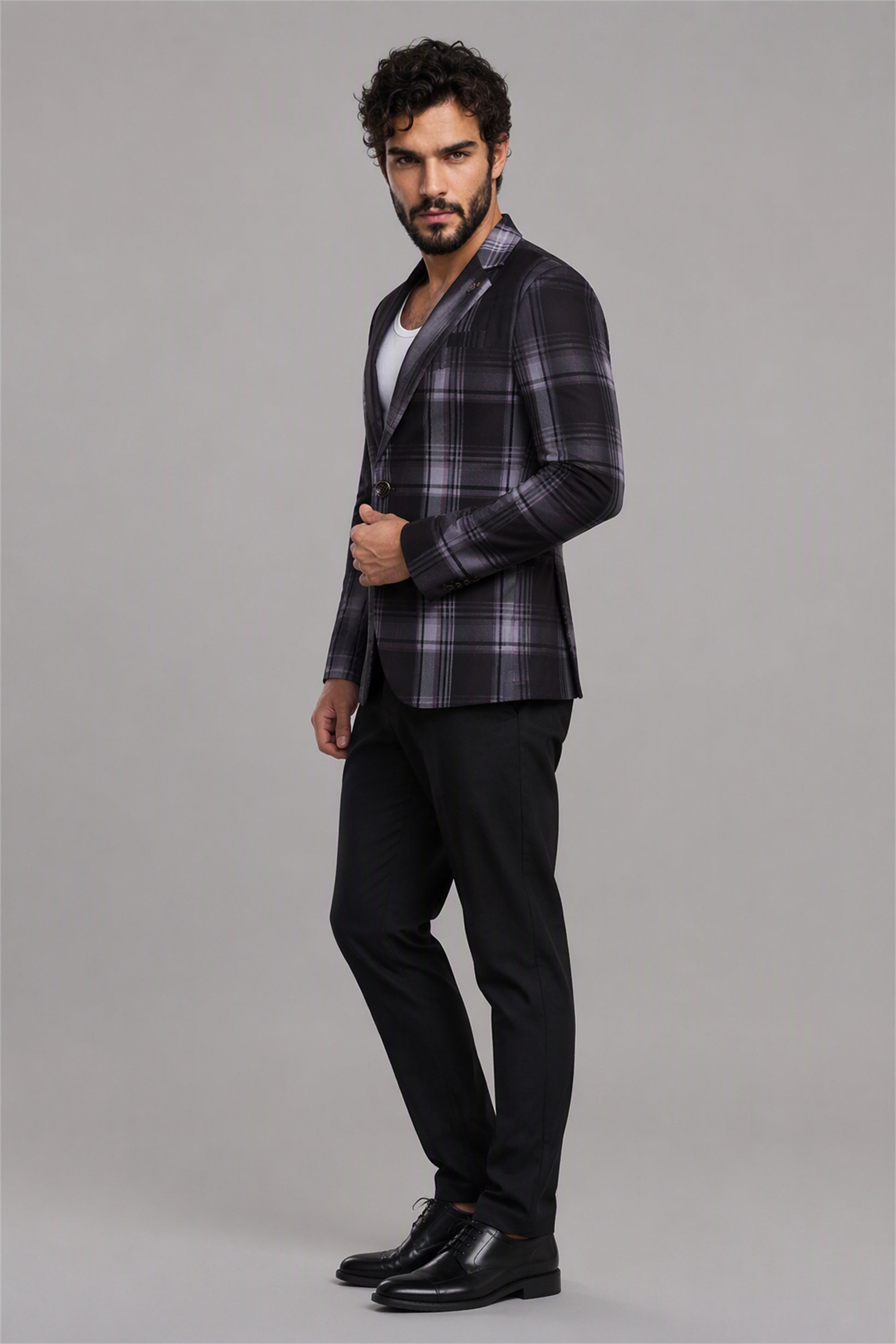 Savile Charcoal Purple Plaid Blazer – Full rear three-quarter view with white tee showing charcoal purple plaid back construction and tapered trouser fit
