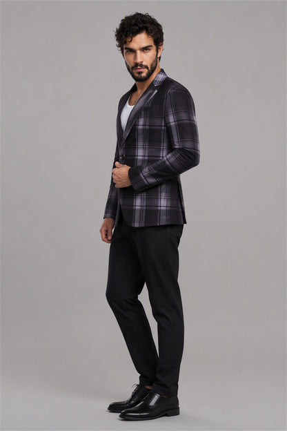 Savile Charcoal Purple Plaid Blazer – Full rear three-quarter view with white tee showing charcoal purple plaid back construction and tapered trouser fit