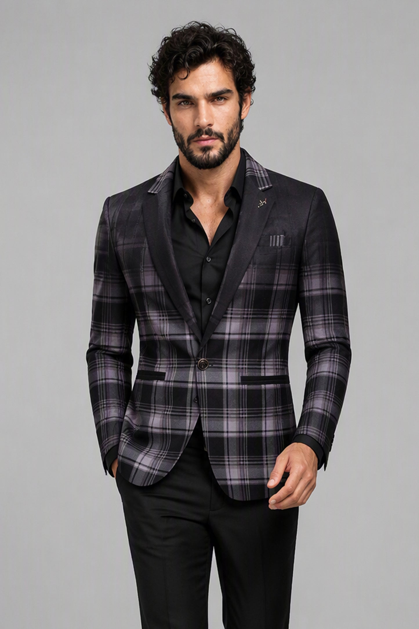 Savile Charcoal Purple Plaid Blazer – Full side profile view with white tee showing slim silhouette, plaid texture and black satin notch lapel profile