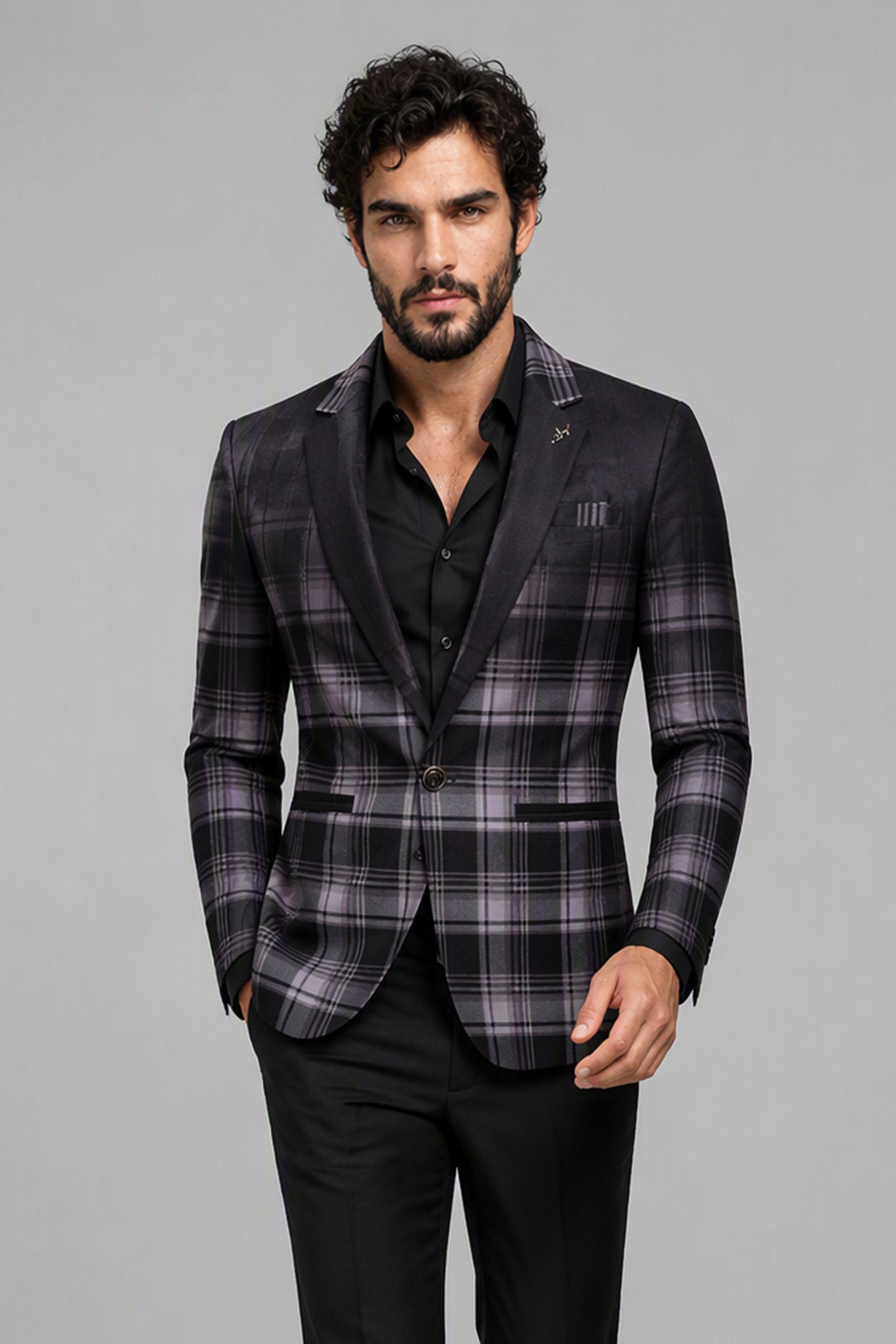 Savile Charcoal Purple Plaid Blazer – Full side profile view with white tee showing slim silhouette, plaid texture and black satin notch lapel profile