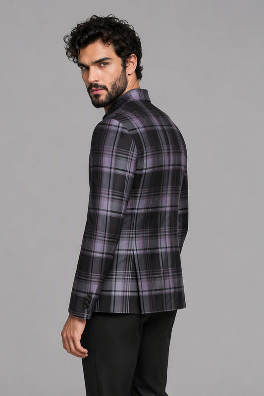 Savile Charcoal Purple Plaid Blazer – Full front standing view with black shirt showing slim-fit silhouette, single-button closure and brooch pin detail