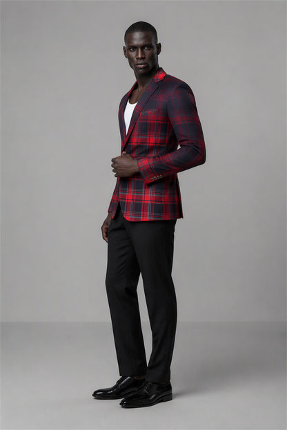 Savile Red & Black Plaid Blazer – Full rear three-quarter view with white tee showing red black tartan back construction, structured shoulders and tapered black trouser fit
