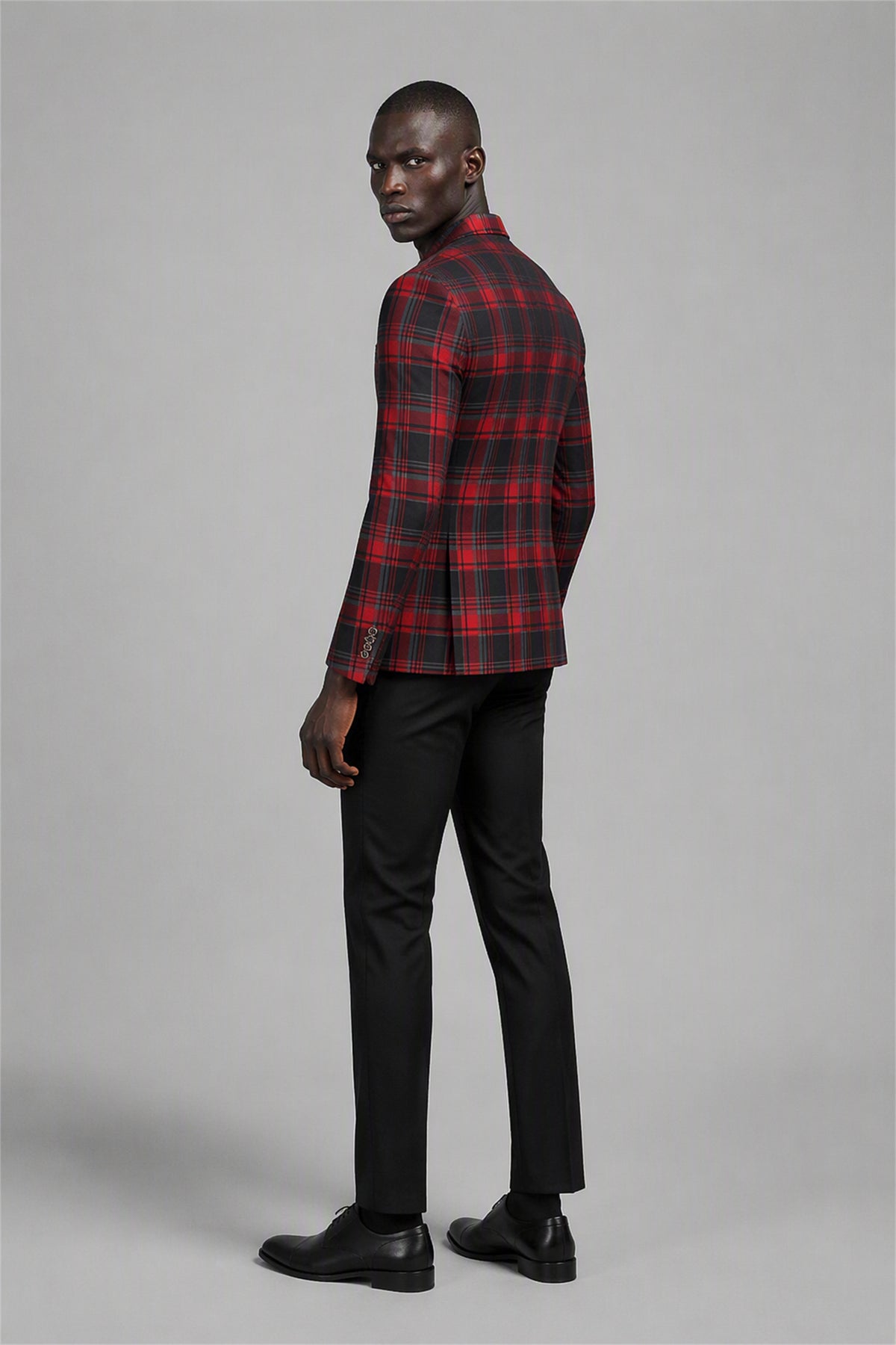 Savile Red & Black Plaid Blazer – Full front standing view with white tee showing complete smart-casual look, single-button closure and red tartan check pattern