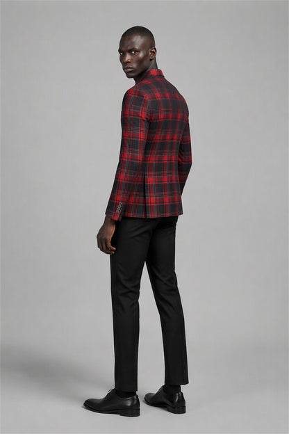 Savile Red & Black Plaid Blazer – Full front standing view with white tee showing complete smart-casual look, single-button closure and red tartan check pattern