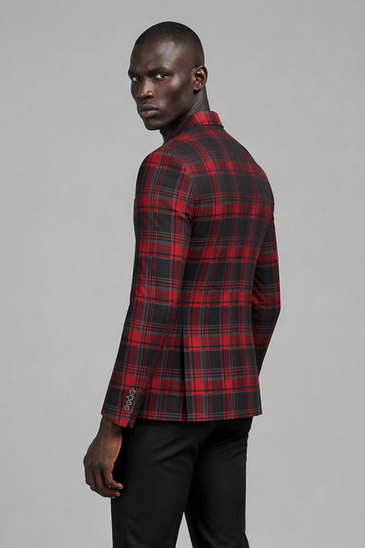 Savile Red & Black Plaid Blazer – Half-body front close-up showing red and black tartan check pattern, black notch lapel, tonal pocket square and brooch pin detail