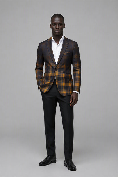 Savile Amber Gold & Navy Tartan Blazer – Full rear three-quarter view showing gold navy tartan back construction, structured shoulders and tapered black trouser fit