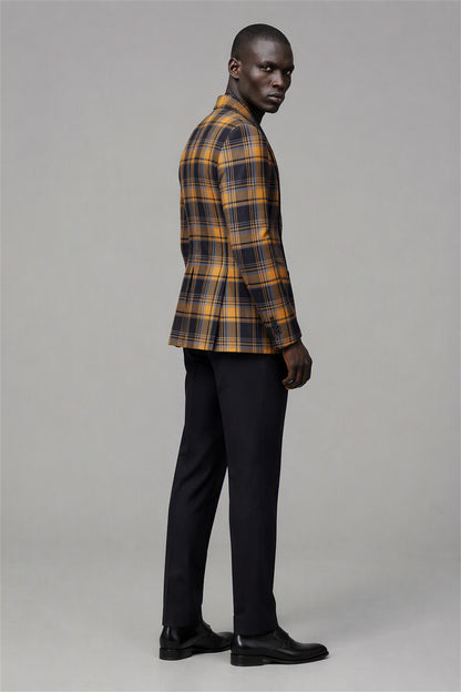 Savile Amber Gold & Navy Tartan Blazer – Full front walking view showing complete look with amber gold tartan blazer, white shirt and black trousers with black oxford shoes