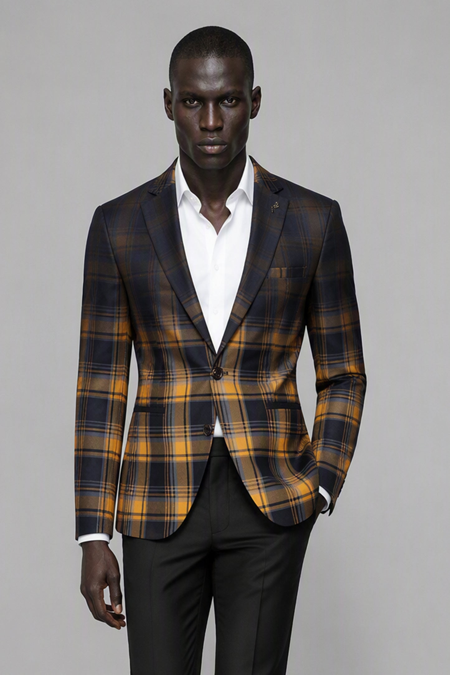 Savile Amber Gold & Navy Tartan Blazer – Full front standing view, hands in pockets showing slim-fit silhouette, single-button closure and gold tartan check pattern