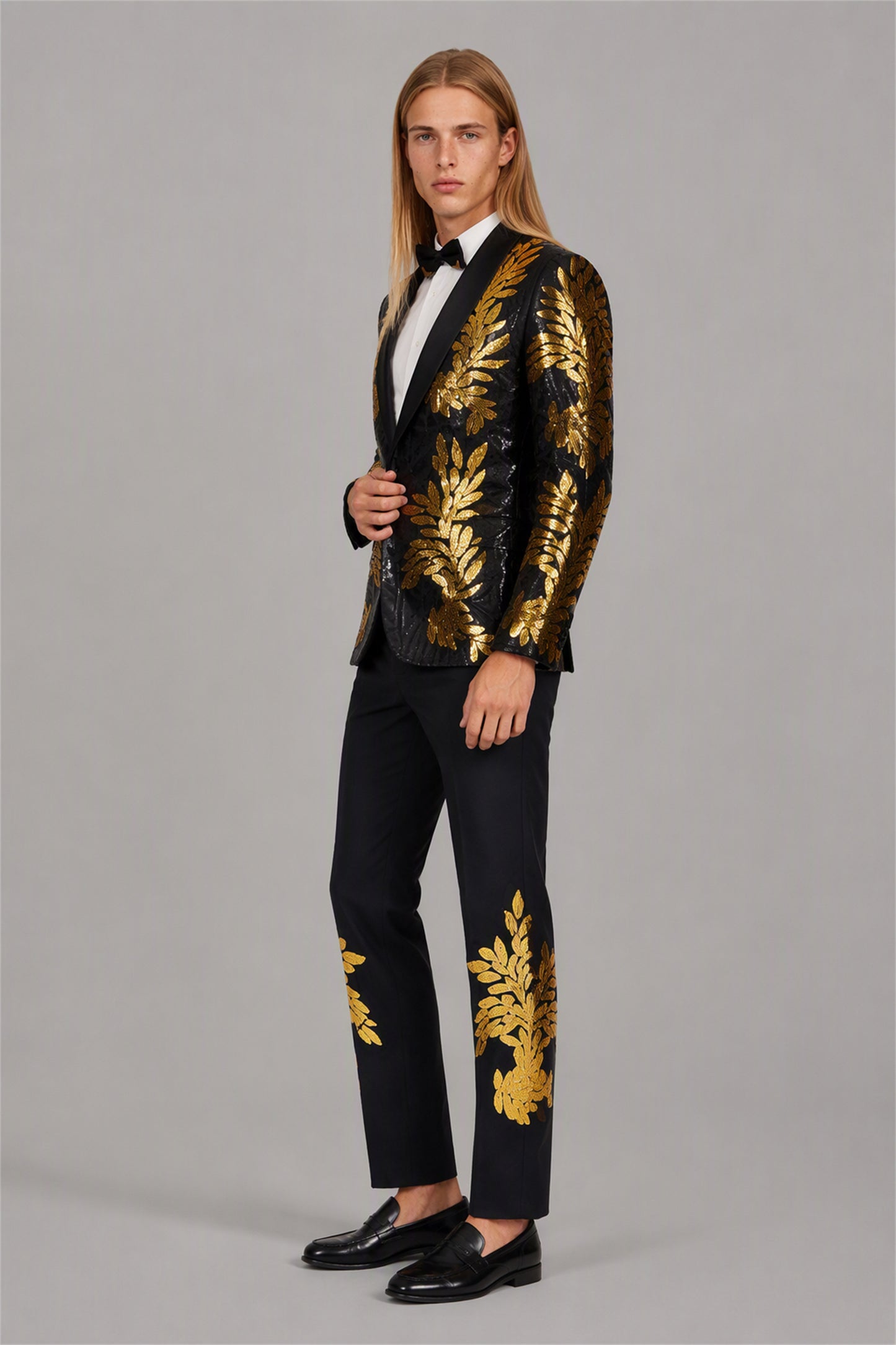 Men's Black Gold Sequin Leaf Embroidered Tuxedo Blazer – Front Close-Up | Savile GA0190