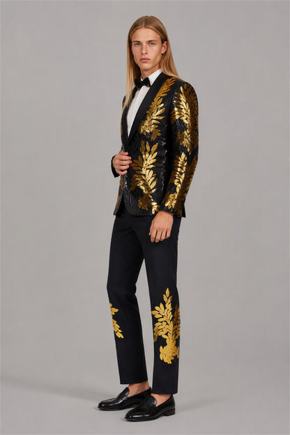 Men's Black Gold Sequin Leaf Embroidered Tuxedo Blazer – Front Close-Up | Savile GA0190