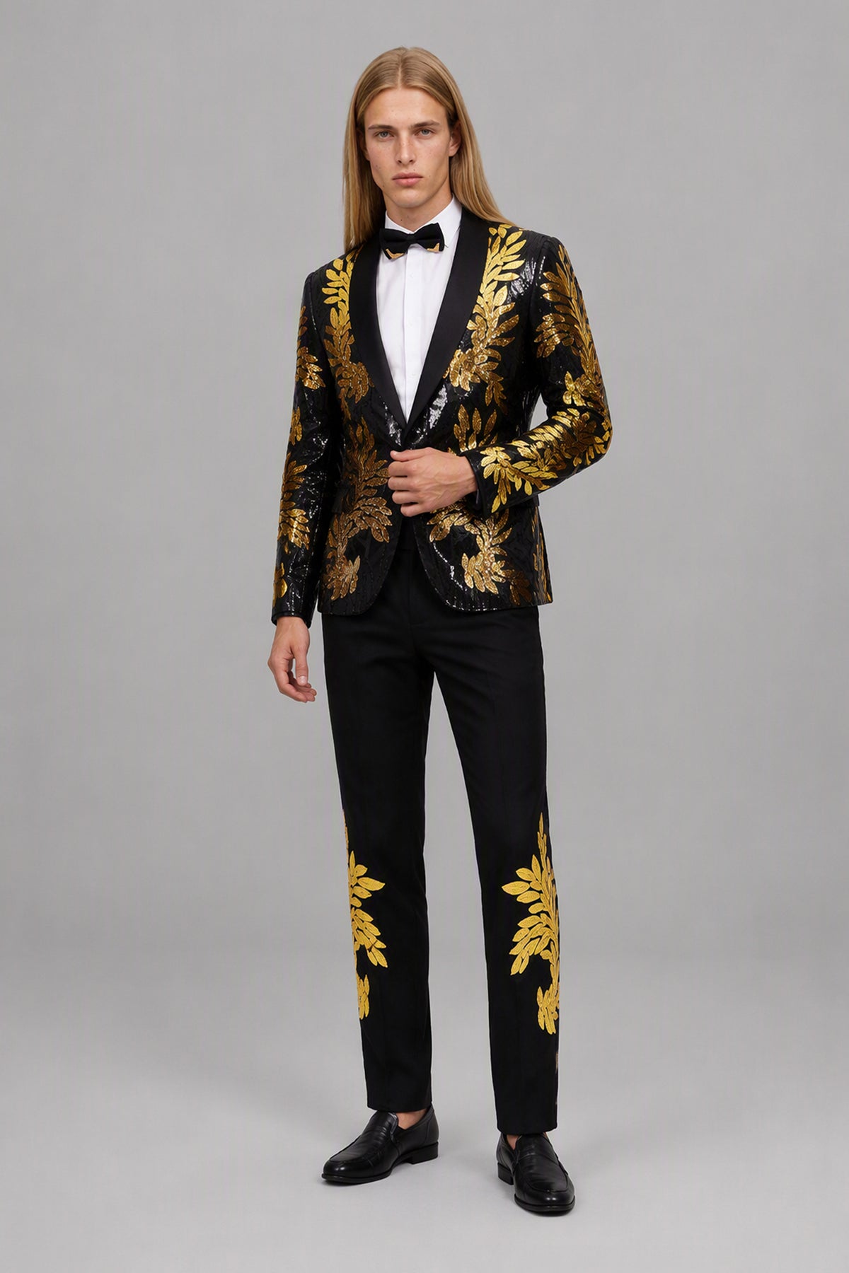 Men's Black Gold Sequin Tuxedo Suit Set – Side Full Length | Savile GA0190