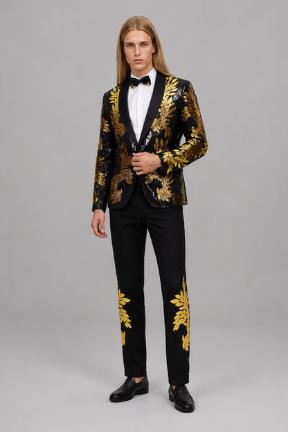 Men's Black Gold Sequin Tuxedo Suit Set – Side Full Length | Savile GA0190