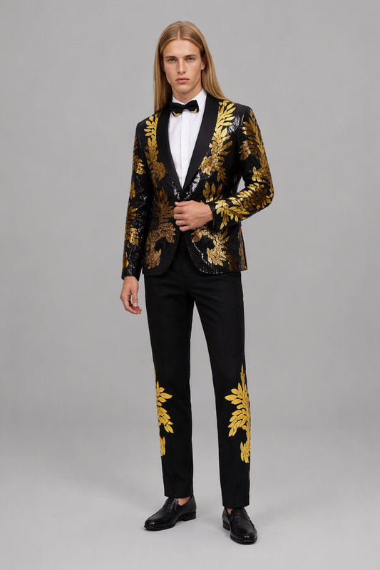Men's Black Gold Sequin Tuxedo Suit Set – Side Full Length | Savile GA0190