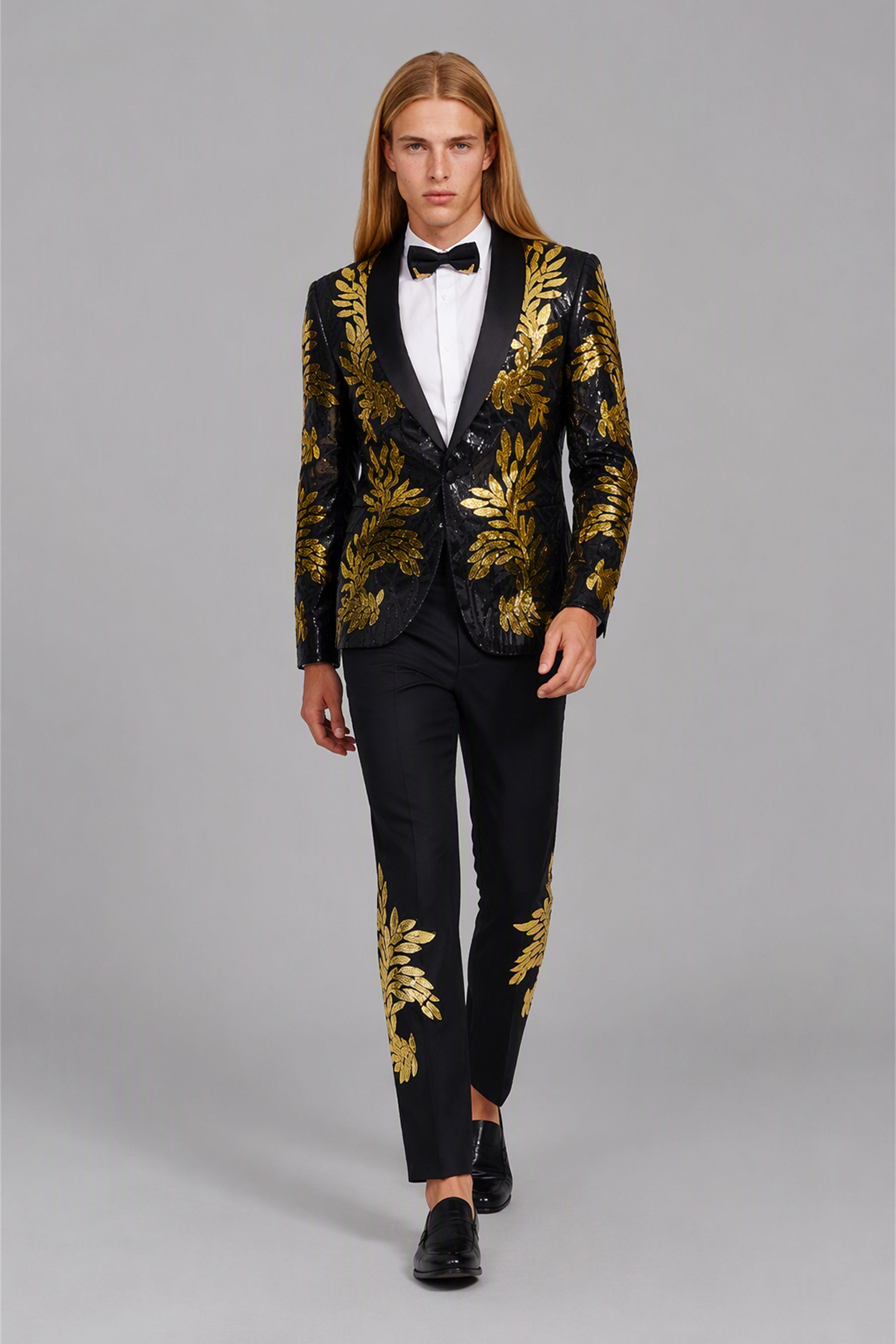 Men's Black Gold Sequin Tuxedo Suit Set – Front Full Length | Savile GA0190
