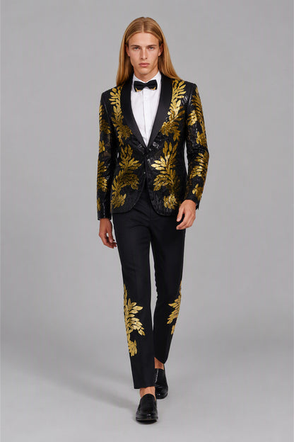 Men's Black Gold Sequin Tuxedo Suit Set – Front Full Length | Savile GA0190