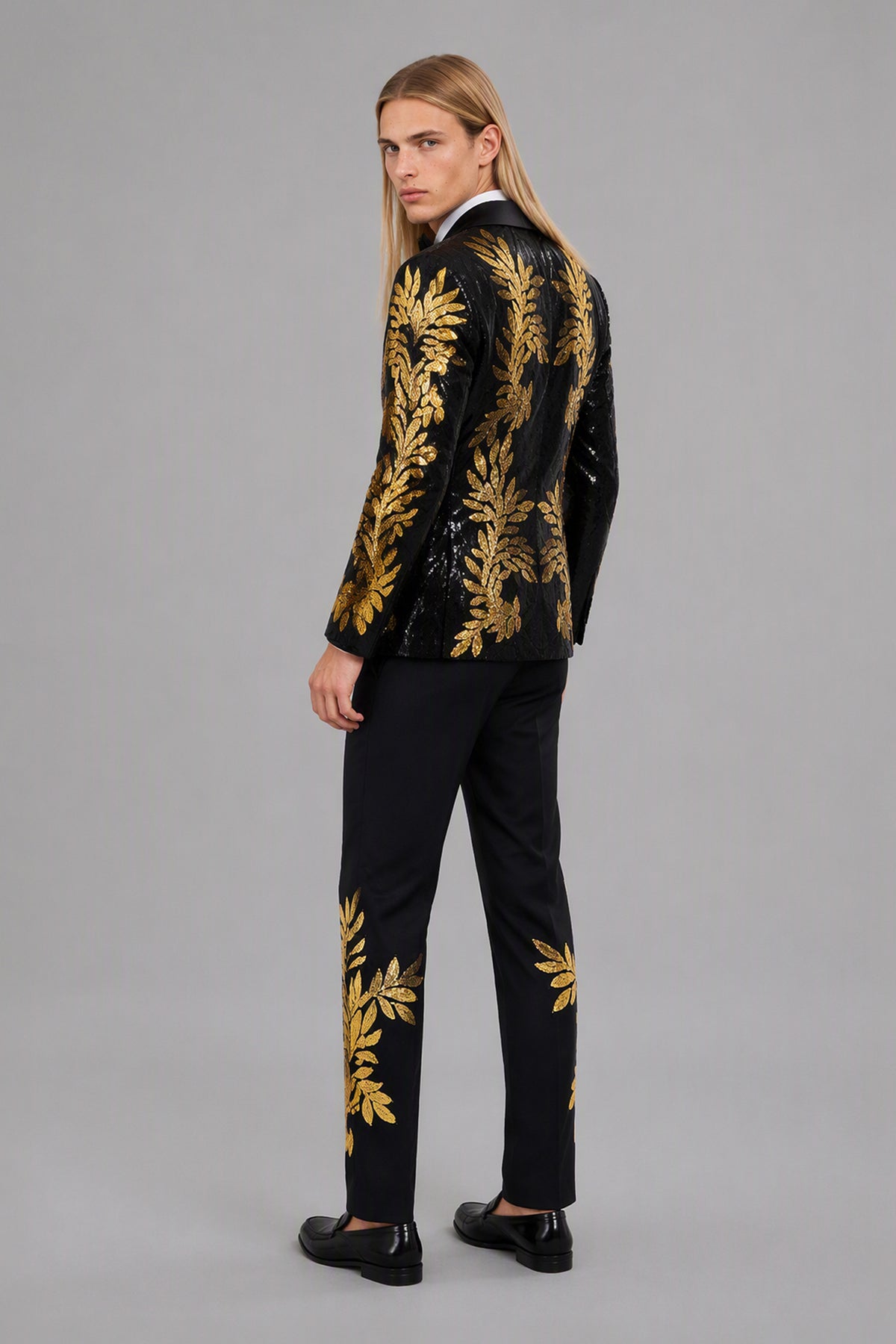 Men's Black Gold Sequin Tuxedo Suit Set – Back View | Savile GA0190