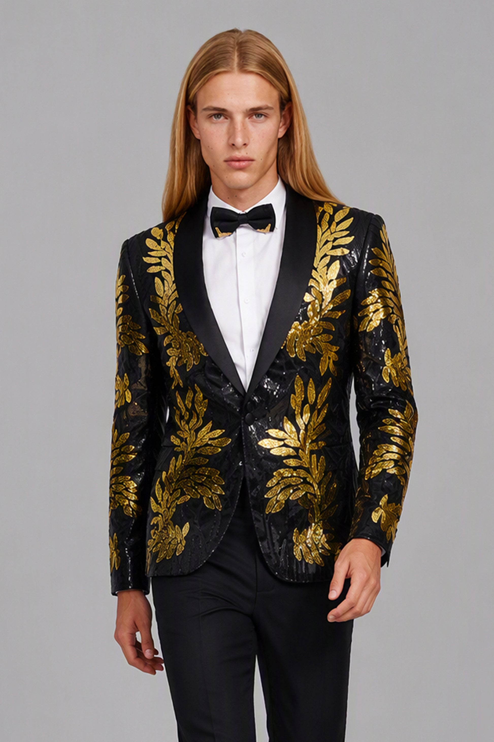 Men's Black Gold Sequin Tuxedo Suit Set – Walking Dynamic View | Savile GA0190