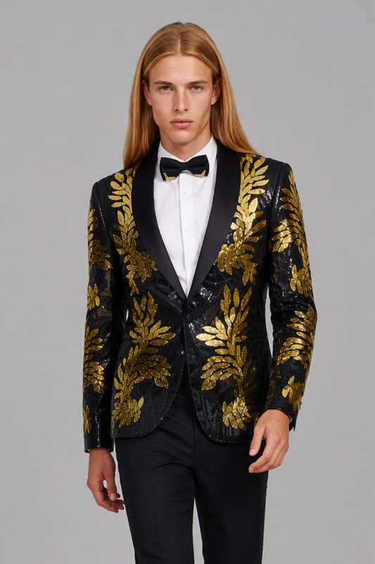 Men's Black Gold Sequin Tuxedo Suit Set – Walking Dynamic View | Savile GA0190