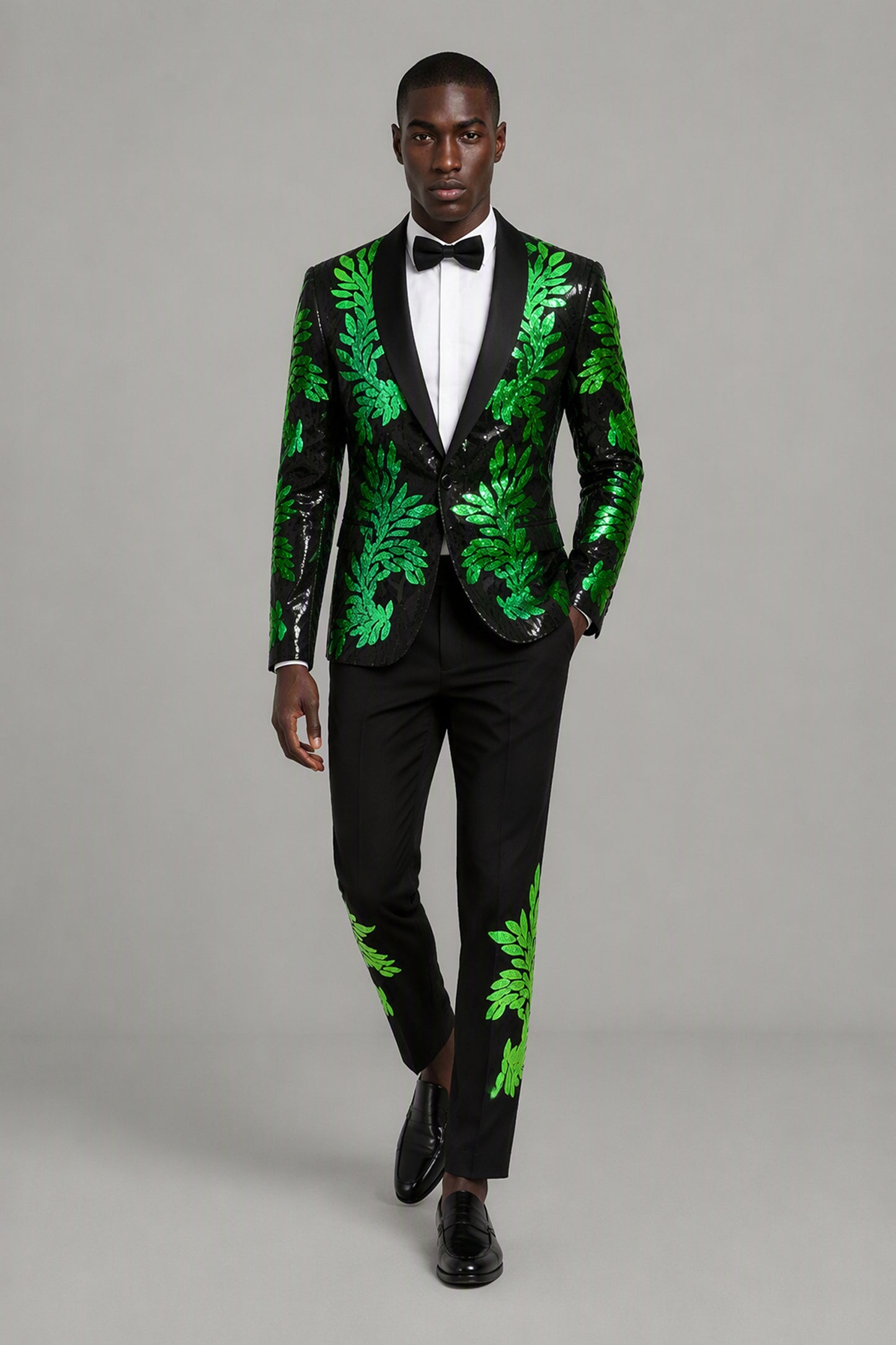 Men's Black Green Sequin Leaf Embroidered Tuxedo Suit Set – Front Full Length | Savile GA0190