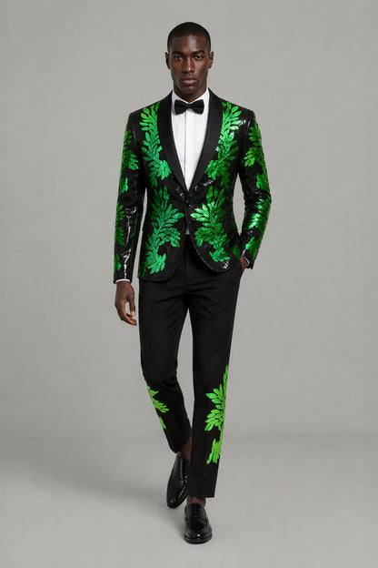 Men's Black Green Sequin Leaf Embroidered Tuxedo Suit Set – Front Full Length | Savile GA0190