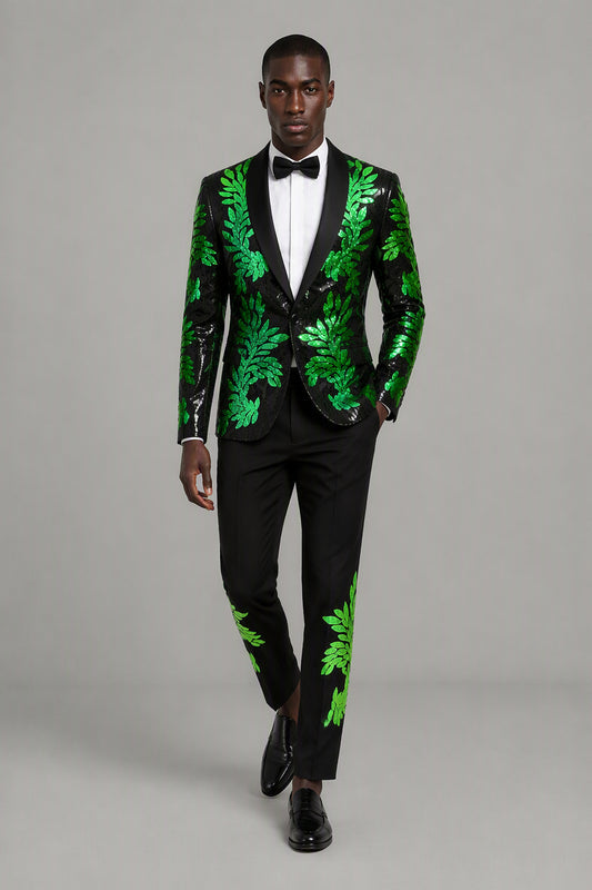 Men's Black Green Sequin Leaf Embroidered Tuxedo Suit Set – Front Full Length | Savile GA0190