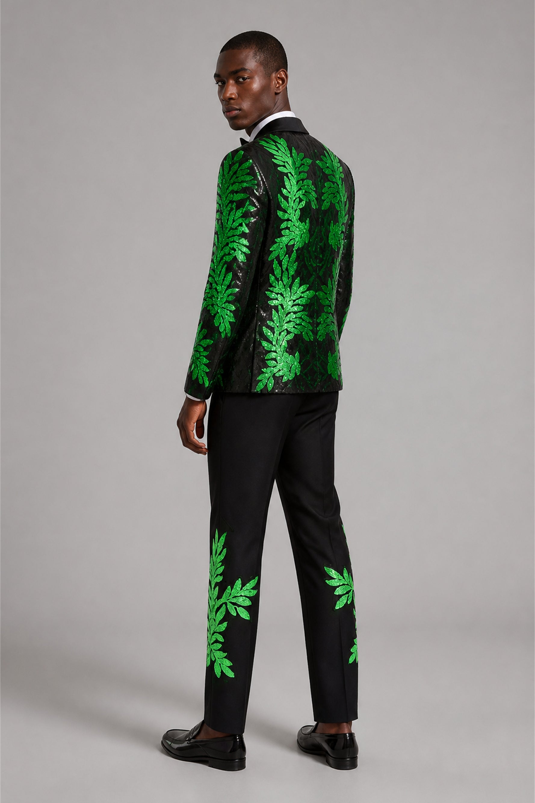 Men's Black Green Sequin Tuxedo Suit Set – Walking Dynamic View | Savile GA0190
