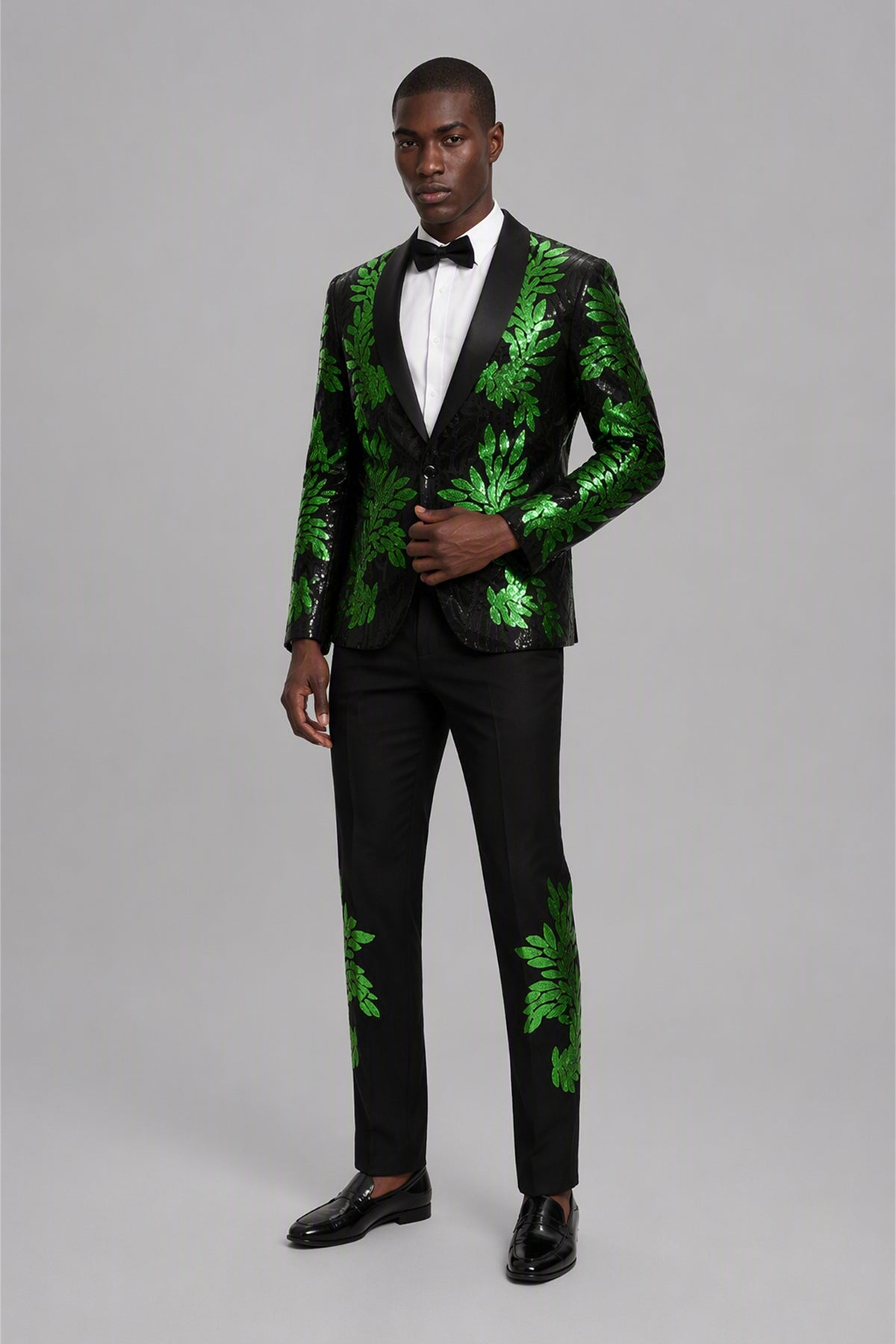 Men's Black Green Sequin Tuxedo Suit Set – Side Full Length | Savile GA0190