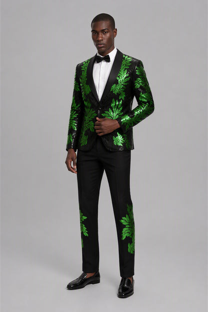 Men's Black Green Sequin Tuxedo Suit Set – Side Full Length | Savile GA0190