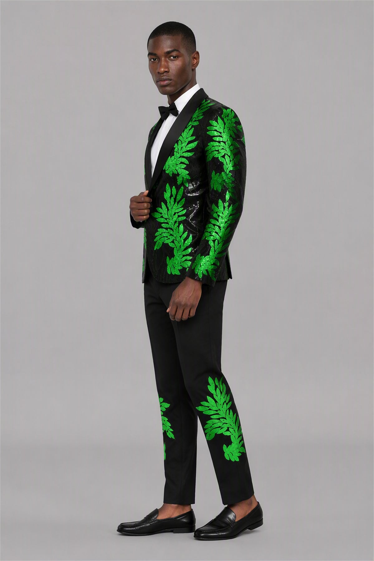 Men's Black Green Sequin Tuxedo Blazer – Upper Body Close-Up | Savile GA0190