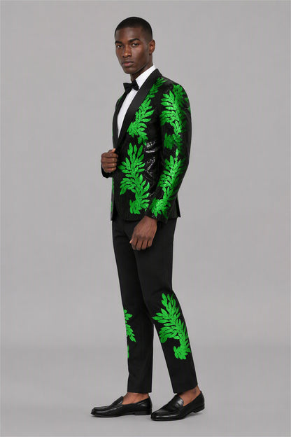 Men's Black Green Sequin Tuxedo Blazer – Upper Body Close-Up | Savile GA0190