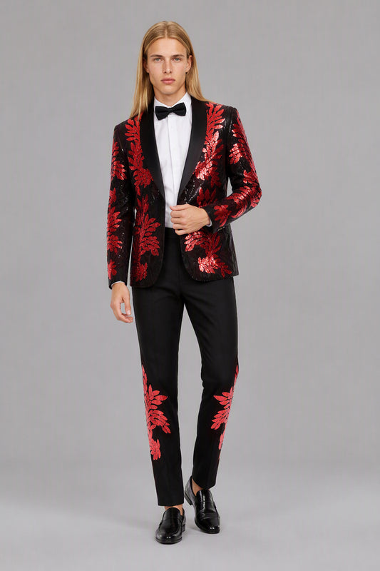 Men's Black Red Sequin Leaf Embroidered Tuxedo Suit Set – Side Full Length | Savile GA0190